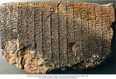 earliest ancient sumerian record history ms sumer sumeria lexical musical mesopotamia clay list tablet instruments types harp strings language 26th